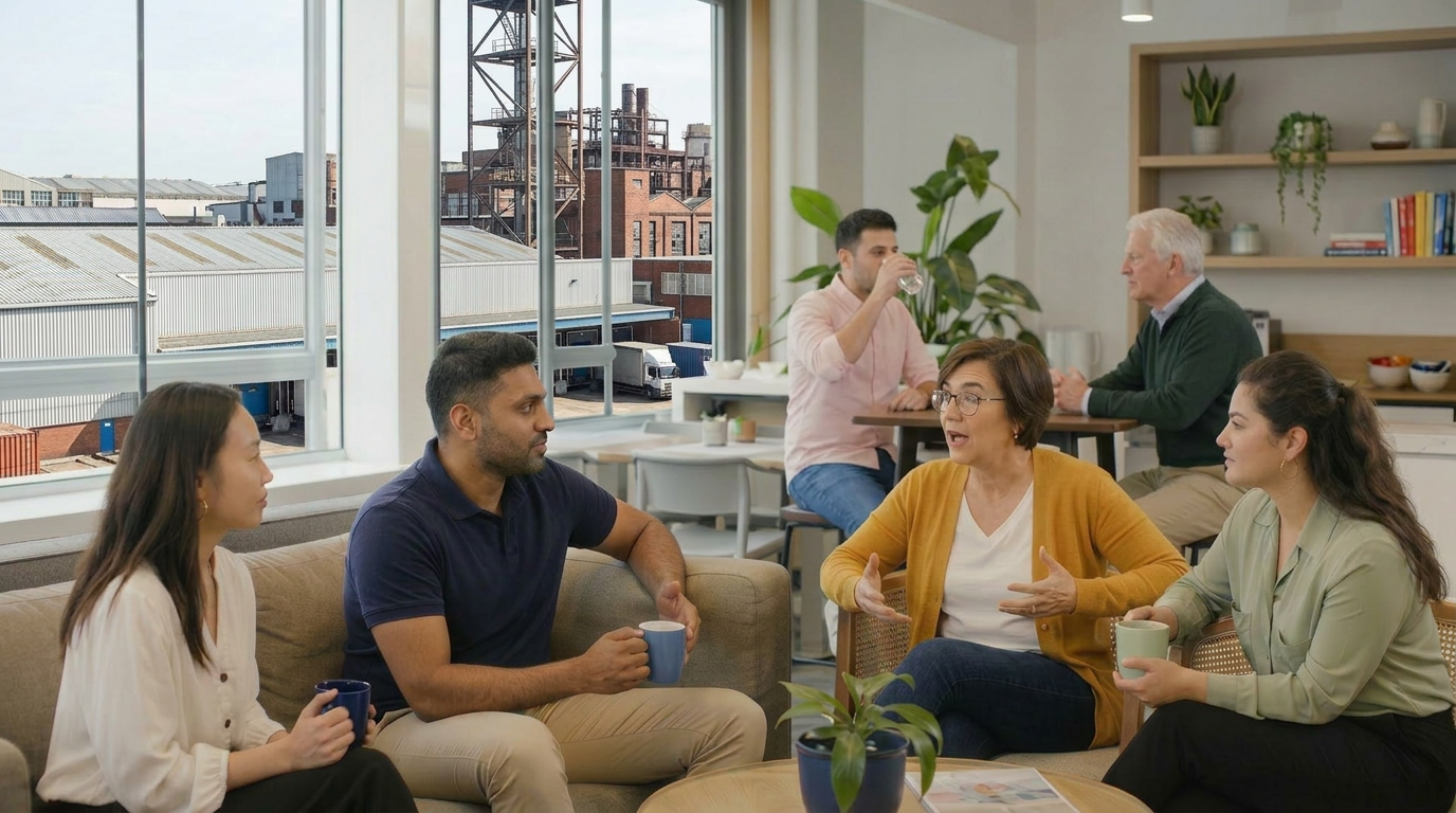 Diverse colleagues of varying ages chatting over morning tea in an office tea-room, wearing relaxed work attire, holding mugs without saucers