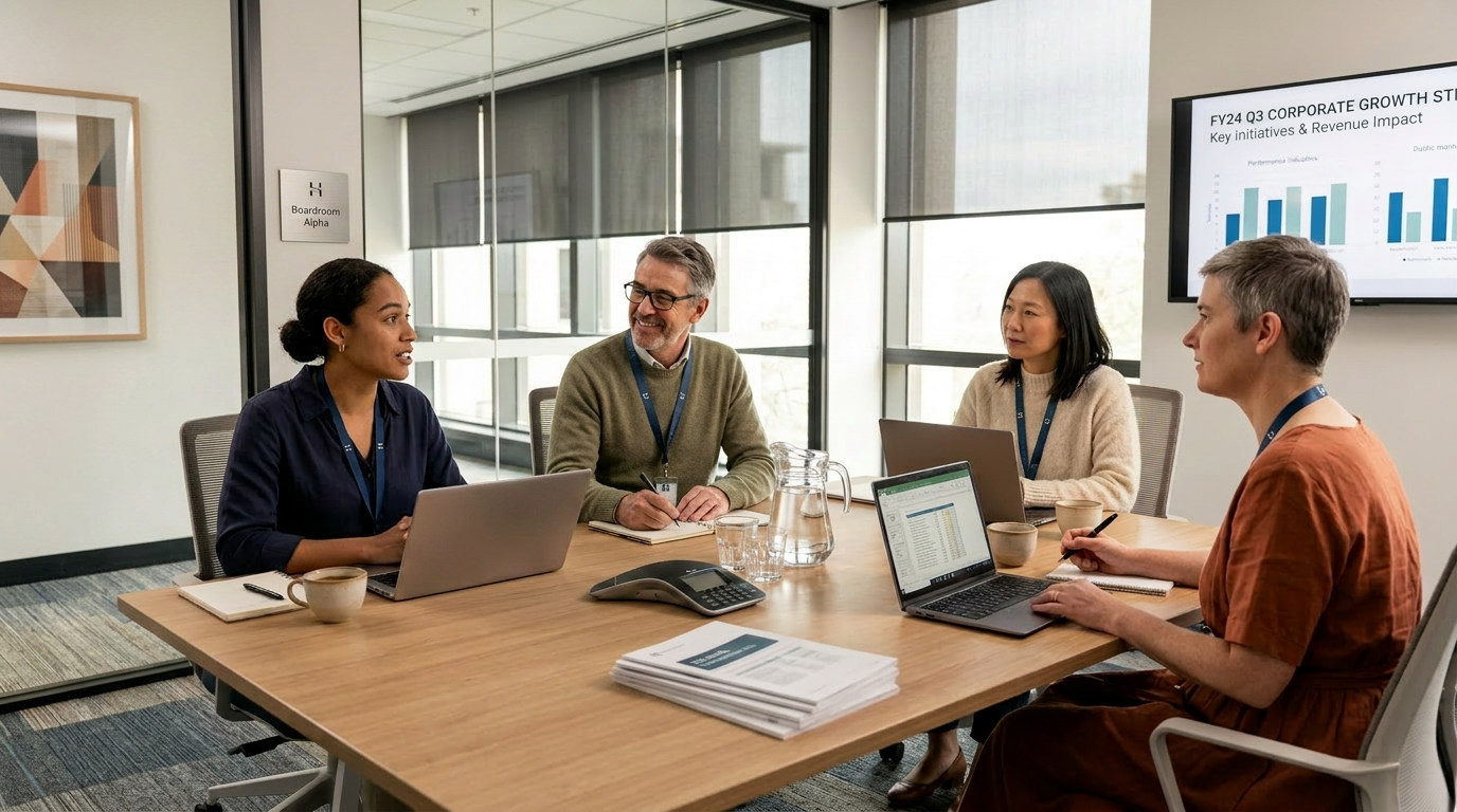 Age-varied colleagues meeting in a modern corporate boardroom